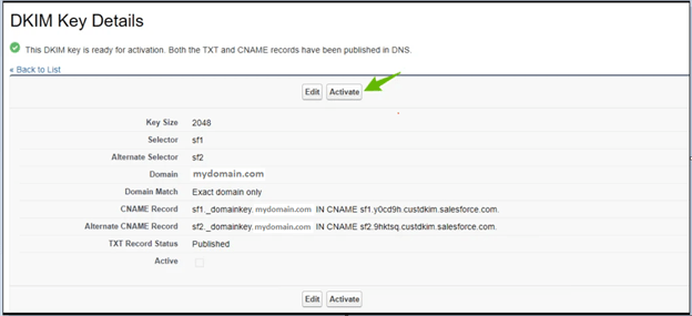 DKIM Key Details Interface screenshot pointing at activate button